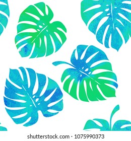 Tropical leaves, monstera on a white background. Watercolor seamless pattern. Vector illustration