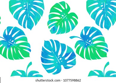 Tropical leaves, monstera on a white background. Watercolor seamless pattern. Vector illustration