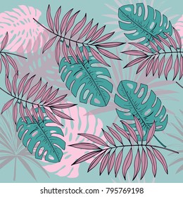 tropical leaves monstera seamless pattern on a bluer background