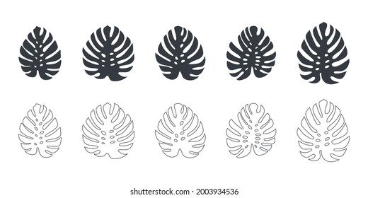 Tropical leaves. Leaves of monstera. Set of leaves icons linear and flat style. Vector illustration