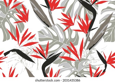 Tropische Blätter. Monstera.Exotische Sommermuster. Kreativer, nahtloser Hintergrund. Modevorlage für Design, Kleidung, Textilien, Karten, Tapeten
