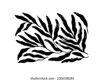 Tropical leaves in naive style. Dry brush drawn branches with long rounded leaves. Black paint vector illustrations set. Botanical silhouettes isolated on white background. Rustic style drawing. 