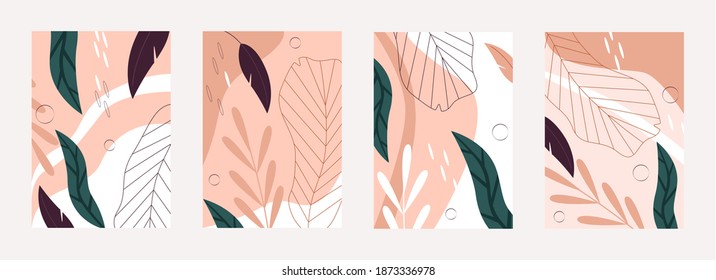 Tropical leaves nature pattern vector illustration set. Abstract floral palm tree leaf in line art style, summer exotic jungle rainforest plants, botanical natural textures background collection