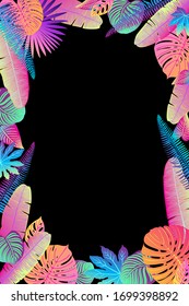 Tropical leaves neon color black. Ferns, fitter, fan palm. Bright pink, turquoise, blue, purple colors. Frame for text. Greeting card