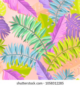 
Tropical leaves in neon color. 
Seamless pattern on a pink caramel background