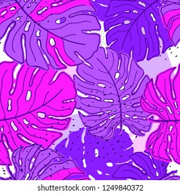 Tropical Leaves neon trend monstera. Seamless Pattern with Hand Drawn Leaves of Monstera. Exotic Rapport for Textile, Fabric. Vector Seamless Background with Tropic Plants. Jungle Foliage.Fashion