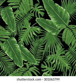 Tropical leaves, night jungle. Seamless, detailed, botanical pattern. Vector background.