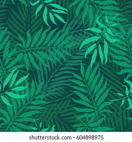 Tropical leaves, night jungle. Seamless, detailed, botanical pattern. Vector background.