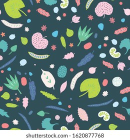 Tropical leaves nuts and seeds seamless pattern. Repeating Vector illustration in cute modern style with hand drawn design elements for fabric, wallpaper, decor.
