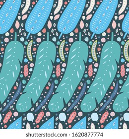 Tropical leaves nuts and seeds seamless pattern. Repeating Vector illustration in cute modern style with hand drawn design elements for fabric, wallpaper, decor.
