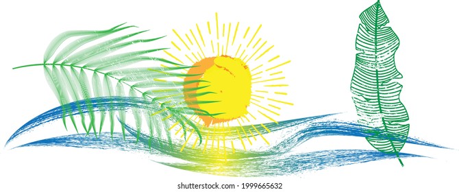 Tropical leaves , Ocean, sun and Blue Abstract Waves . Sunset Logo . Surfing Icon . Modern art composition . Vector Illustration. 