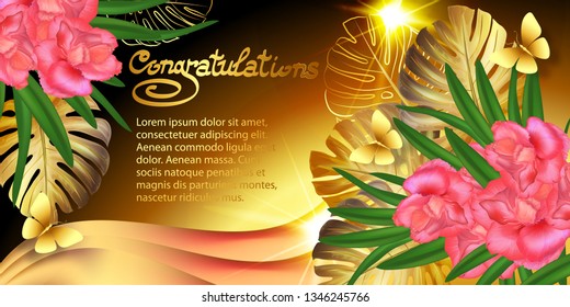 Tropical leaves and oleander flowers on a Golden greeting card. Summer price, big discount, cosmetics label, invitations, background for holidays: wedding, mother's Day, March 8, birthday, party