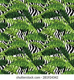 Tropical leaves on animal pattern. Seamless, hand painted. Vector background.
