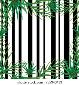 tropical leaves on a background of black and white stripes seamless pattern.