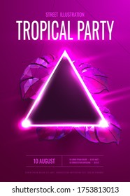tropical leaves on a banner for a disco club vector illustration on a purple background. Poster for a DJ or a night club with a neon frame under the photo