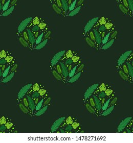 Tropical leaves on black background. Seamless print on a dress or t-shirt. Bright summer pattern