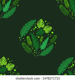 Tropical leaves on black background. Seamless print on a dress or t-shirt. Bright summer pattern