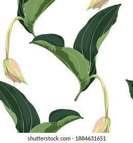 Tropical leaves on bright mood. Seamless design with amazing palant with Medinilla flowers. Fashion, interior, wrapping, packaging suitable. Realistic branch on white background.