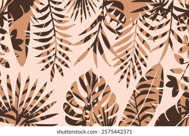 Tropical leaves on a brown background showcasing nature's designs. Brown tropical trendy background