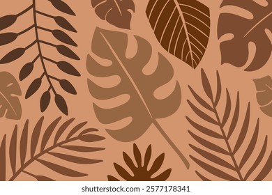 Tropical leaves on a brown background showcasing nature's designs. Brown tropical trendy background