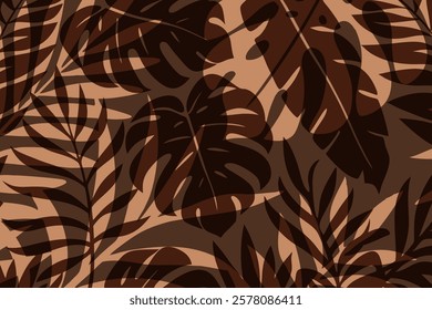 Tropical leaves on a brown background showcasing nature's designs. Brown tropical trendy background