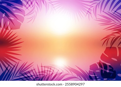 Tropical Leaves on the sea coast at sunset. Tropical Frame Background. Silhouette of palm leaves against a sunset ocean. EPS 10