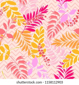 Tropical leaves on sweet mood and tone with hand drawn outline on zigzag line background seamless pattern  vector design for fashion,fabric and all prints on pink