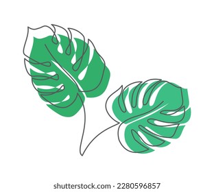 Tropical leaves One line drawing on white background