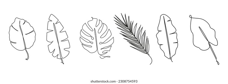 Hojas tropicales dibujando una línea.Dibujo continuo de hojas tropicales de palmera.Hoja de palmera exótica de una sola línea.Esbozo de contorno de hojas.Arte de línea de hojas de plantas de jungla.Fijar hojas tropicales.