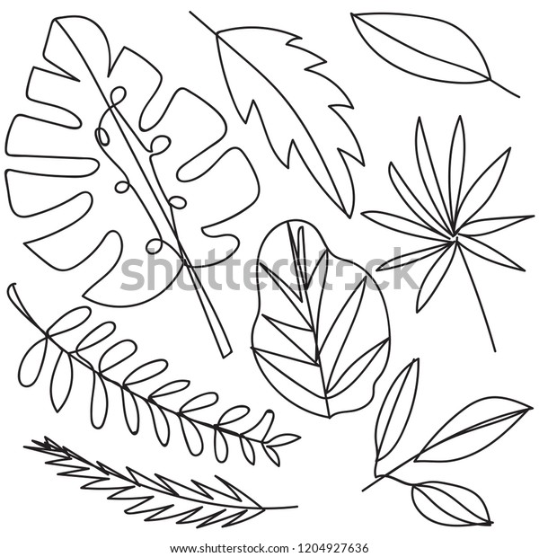 Tropical Leaves Oneline Drawing Style Black Stock Vector Royalty Free 1204927636