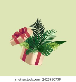 Tropical leaves in an open box. suitable for green events such as nurseries, reforestation, or clean energy campaigns.