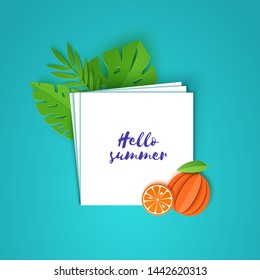 Tropical leaves and orange on note paper. Vector illustration of plants and fruits in paper cut style. Several white sheets lying on top of each other with space for text.