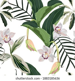 Tropical leaves with orchid flowers. Seamless design with amazing Medinilla palant with flowers. Fashion, interior, wrapping, packaging suitable. Realistic branch on white background.