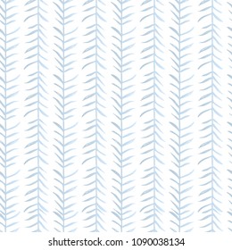 Tropical leaves ornamental seamless pattern. Hand drawn doodle branches on white background. Tender blue plant kitsch pattern for your design.