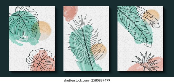 Tropical leaves outline clipart poster set. Tropical leaves clip art in pastel color abstract background vector illustration line art poster collection.
