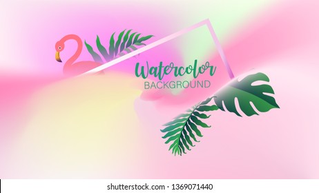 Tropical leaves over square frame art abstract watercolor background brush paint texture design. Vector illustration