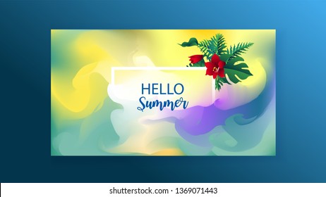 Tropical leaves over square frame art abstract watercolor background brush paint texture design. Vector illustration