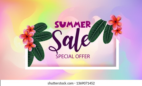 Tropical leaves over square frame art abstract watercolor background brush paint texture design. Vector illustration