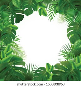 Tropical leaves palm branch realistic transparent frame composition with empty circle space surrounded by green leaves vector illustration