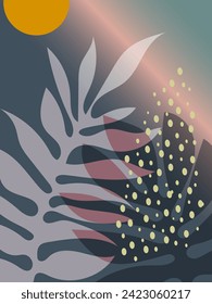 Tropical leaves and palm branches form a plant composition on a gradient blue background with a yellow sun. Vector.