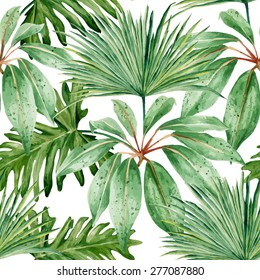 Tropical leaves, palm, dense jungle. Seamless, hand painted, watercolor pattern. Vector background.