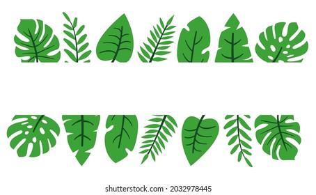 Tropical leaves palm and monstera in green around a white background that can be used for text. Label strip. Abstract botanical jungle frame. Greeting card. Vector illustration