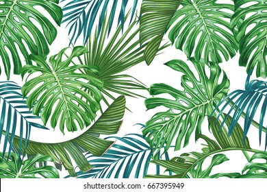 Tropical Leaves. Palm And Monstera. Seamless Vector Pattern.