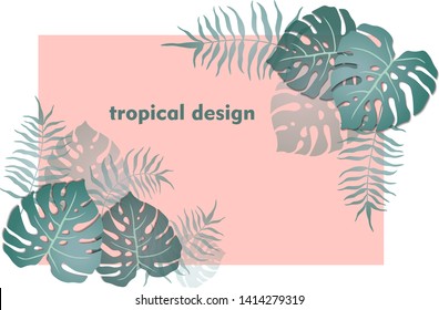 Tropical leaves, palm tree on a pink background. Postcard, banner