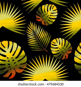 Tropical leaves of palm tree. Seamless pattern. Vector background.