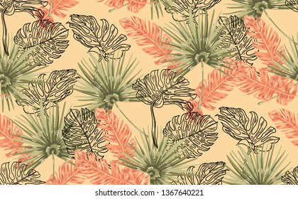 Tropical leaves, palms, monstera leaf, floral vector seamless pattern background