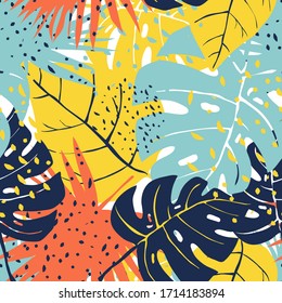 Tropical Leaves and Paradise Foliage with Dots and Spots Bright Seamless Vector Pattern. Colorful Exotic Collage Print for Textile and Trendy Wallpapers