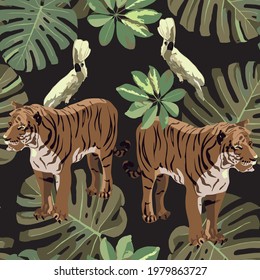 Tropical leaves, parrot, tiger seamless pattern. Exotic jungle wallpaper.