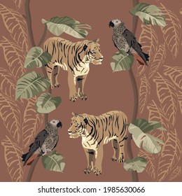 Tropical leaves, parrot, tiger seamless pattern. Exotic jungle wallpaper.