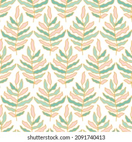 Tropical leaves in pastel colors, seamless pattern with branches and leaves. Modern print with leaves. Vector summer illustration.